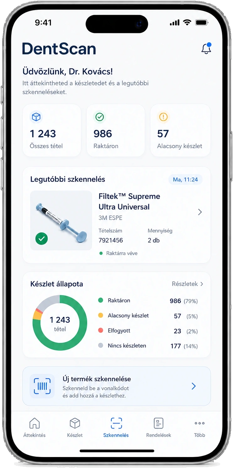 DentScan készletáttekintő telefon mockup készlet állapottal, szkennelési előzményekkel és készletkártyákkal