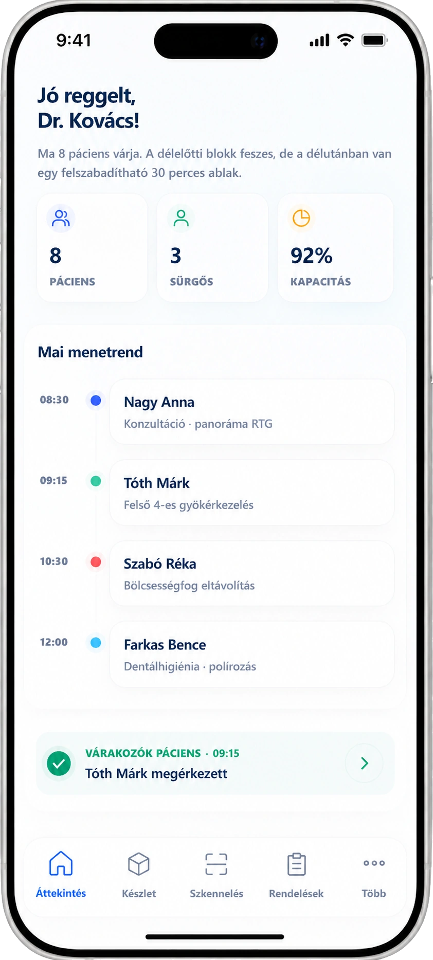 Mobil klinikai irányítópult telefon mockup napi menetrenddel, páciens státuszokkal és kapacitás adatokkal