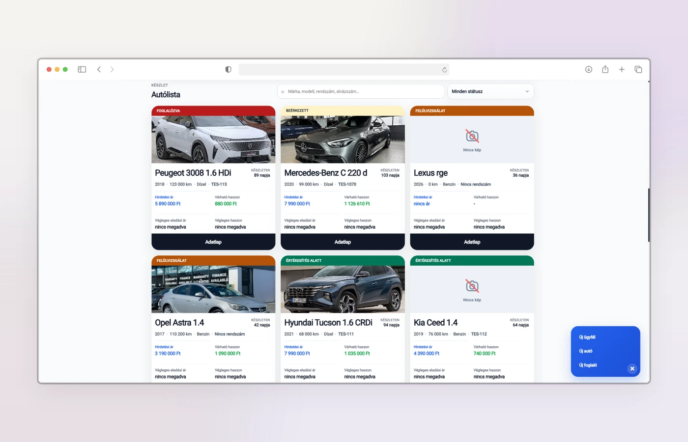 CarTrend belső autónyilvántartó és értékesítést támogató rendszer